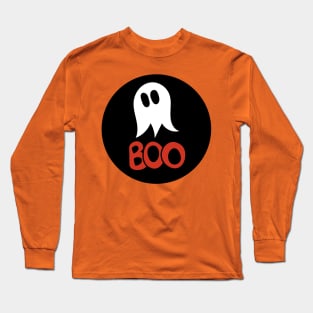 Cute ghost cartoon red BOO text circle frame in black Long Sleeve T-Shirt